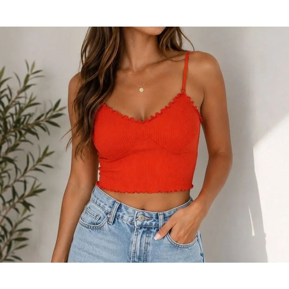 Aerie Orange Ribbed Lettuce Trim Cropped Cami Tank Top Size Large